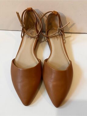SEYCHELLES PLATEAU Tan Pointed-Toe Leather Low Wedge Heel Ankle-Strap Flats 9